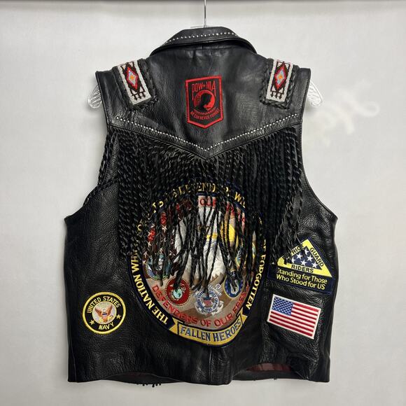 Western World by Shaf Military Black Fringe Leather Vest Top Size M - Picture 8 of 16